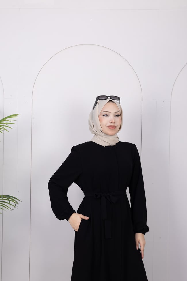 Alt Volanlı Kuşaklı Ferace | Siyah