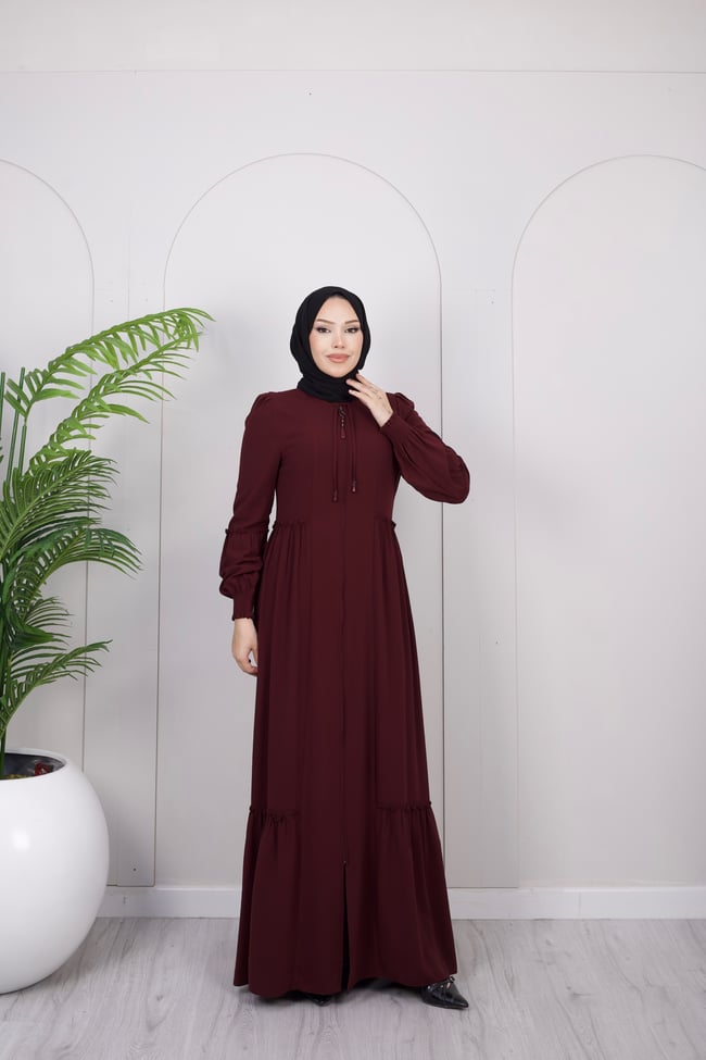 Büzgü Detay Volanlı Ferace | Bordo