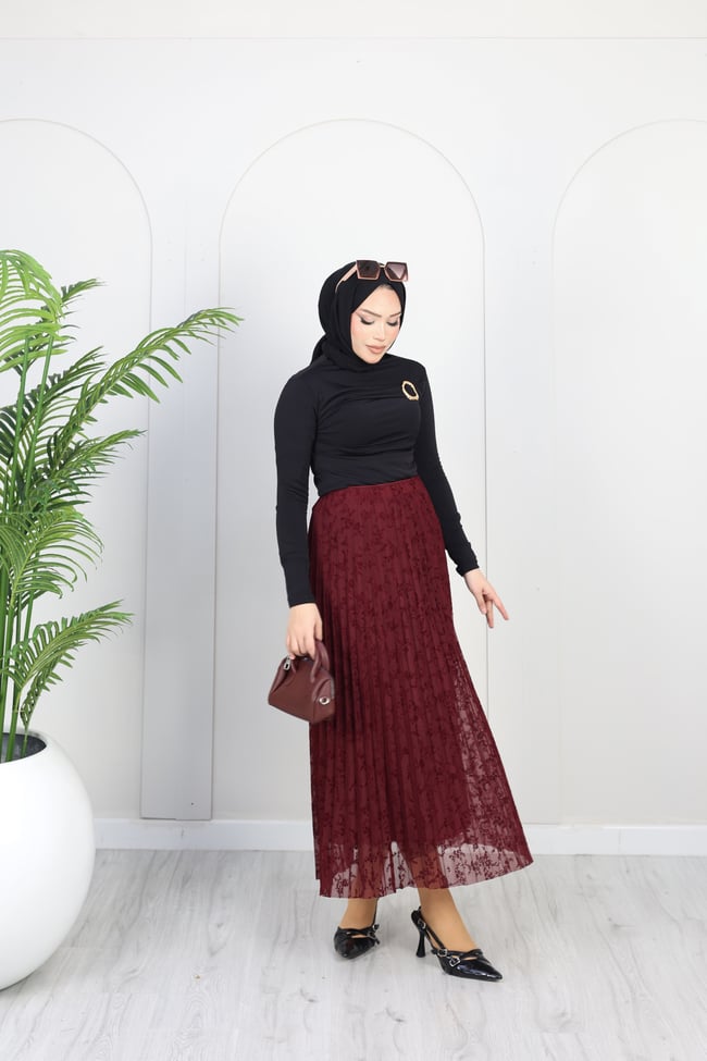Çiçekli Flok Tül Astarlı Etek | Bordo