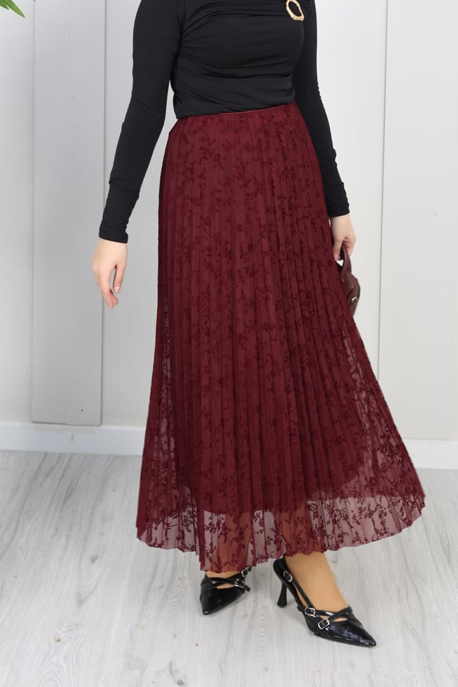 Çiçekli Flok Tül Astarlı Etek | Bordo