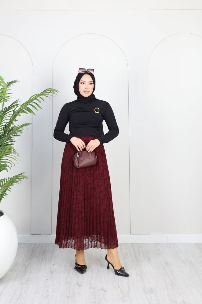 Çiçekli Flok Tül Astarlı Etek | Bordo