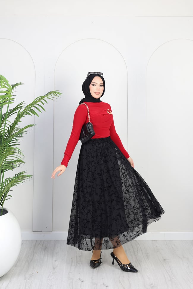 Çiçekli Flok Tül Astarlı Etek | Siyah