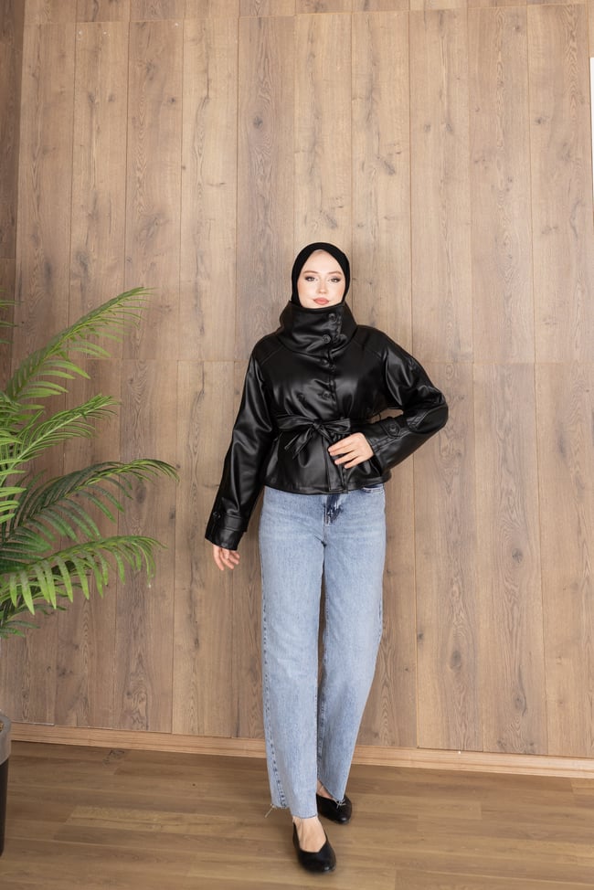 Geniş Dik Yaka Kuşaklı Oversize Deri Ceket | Siyah