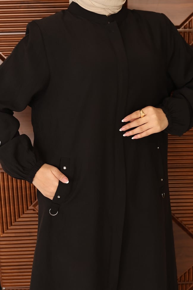 Halka Detaylı Uzun Kap | Siyah