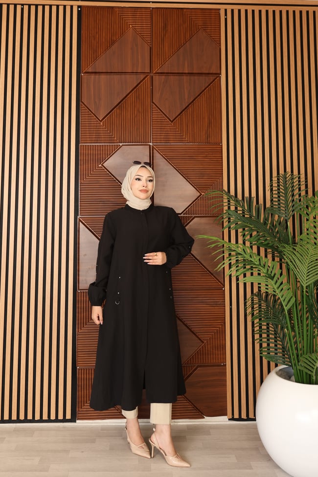 Halka Detaylı Uzun Kap | Siyah
