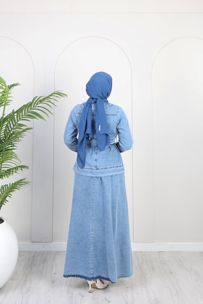 Kadın Düğme Detaylı Kuşaklı Denim Takım | Çok Renkli