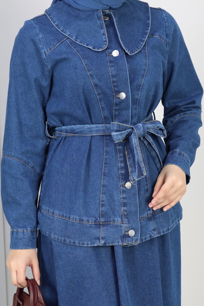 Kadın Düğme Detaylı Kuşaklı Denim Takım | Mavi