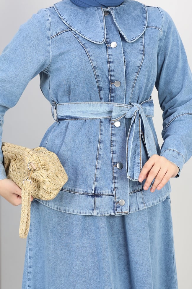 Kadın Düğme Detaylı Kuşaklı Denim Takım | Çok Renkli