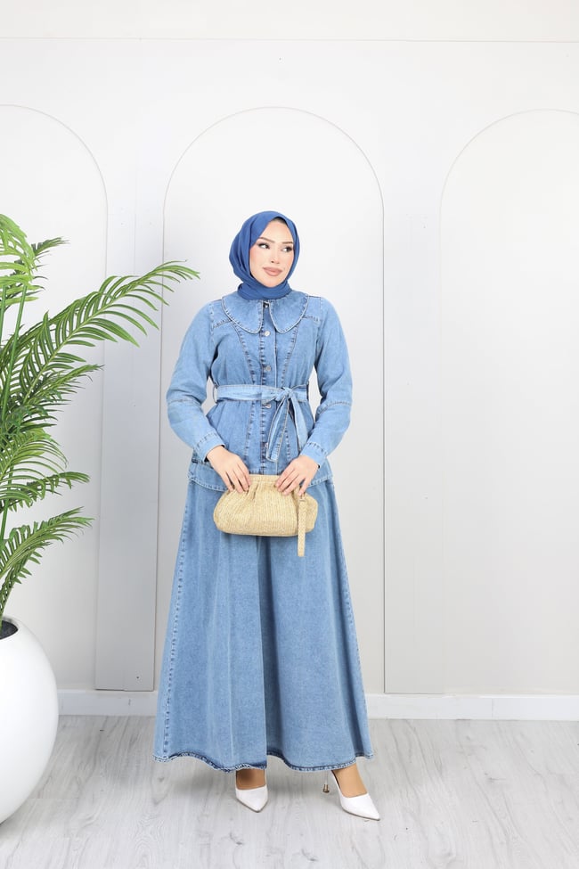 Kadın Düğme Detaylı Kuşaklı Denim Takım | Çok Renkli