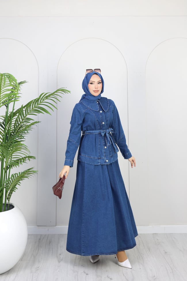 Kadın Düğme Detaylı Kuşaklı Denim Takım | Mavi