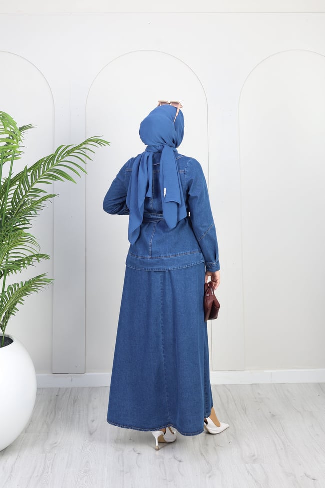 Kadın Düğme Detaylı Kuşaklı Denim Takım | Mavi