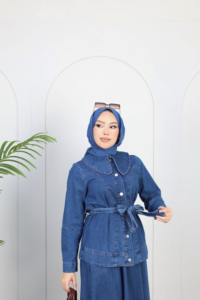 Kadın Düğme Detaylı Kuşaklı Denim Takım | Mavi