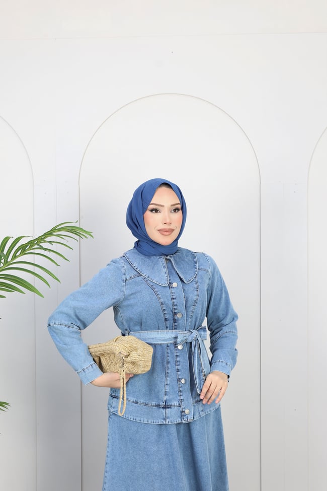 Kadın Düğme Detaylı Kuşaklı Denim Takım | Çok Renkli