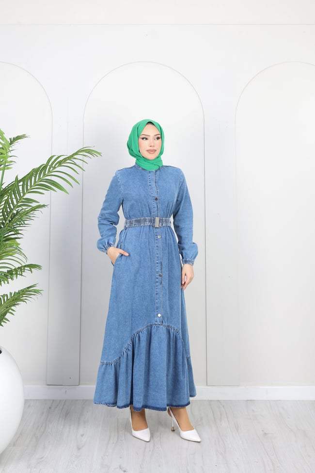 Kadın Kemer Detaylı Denim Kot Elbise | Çok Renkli