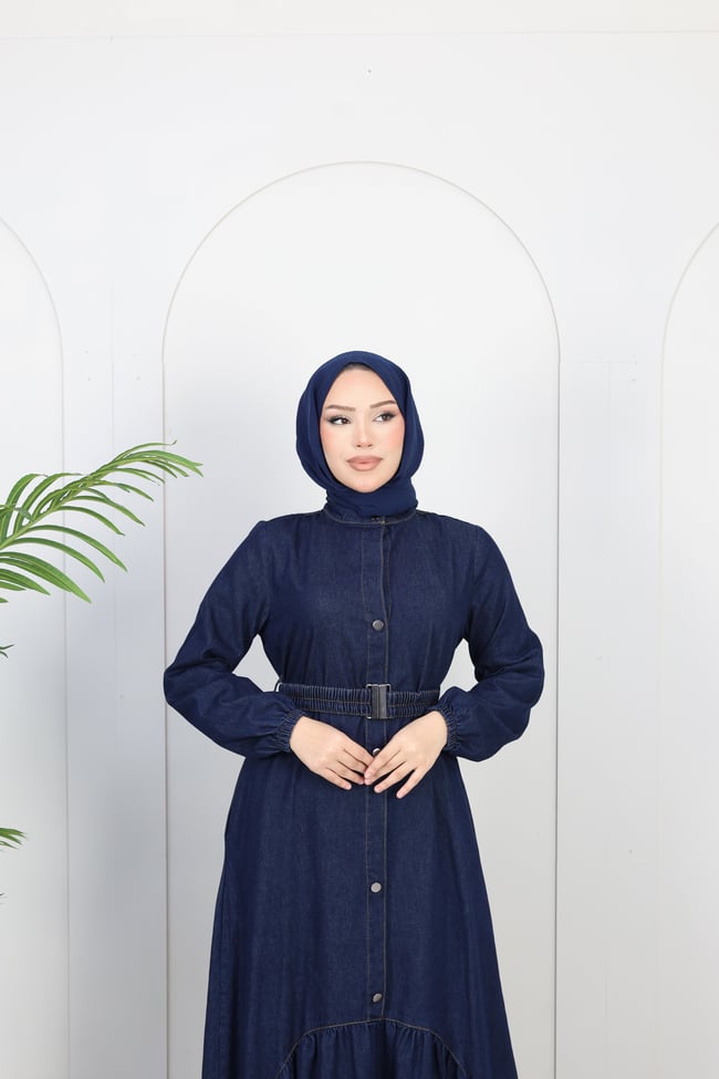 Kadın Kemer Detaylı Denim Kot Elbise | Lacivert