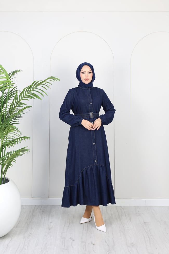 Kadın Kemer Detaylı Denim Kot Elbise | Lacivert