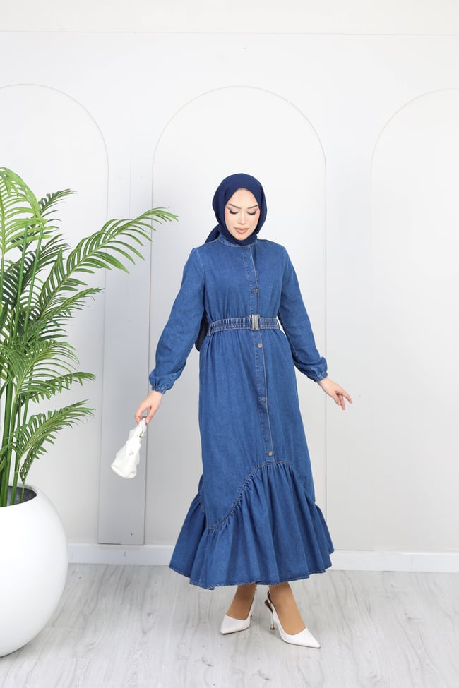 Kadın Kemer Detaylı Denim Kot Elbise | Mavi