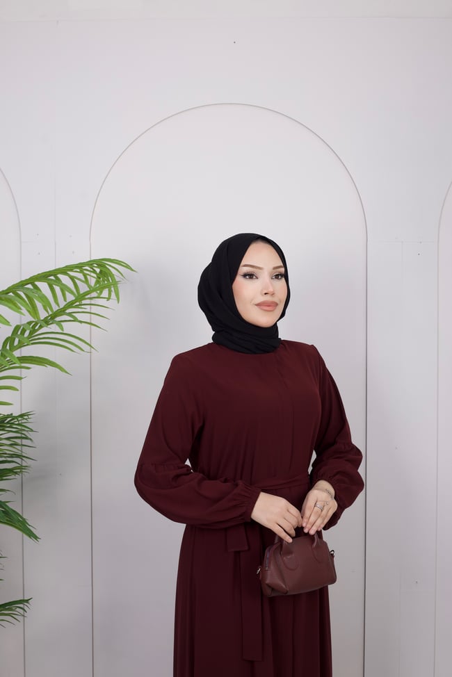 Kuşak Detay Volanlı Ferace | Bordo