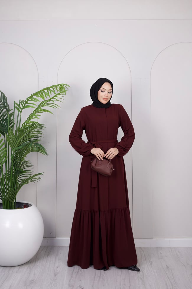 Kuşak Detay Volanlı Ferace | Bordo