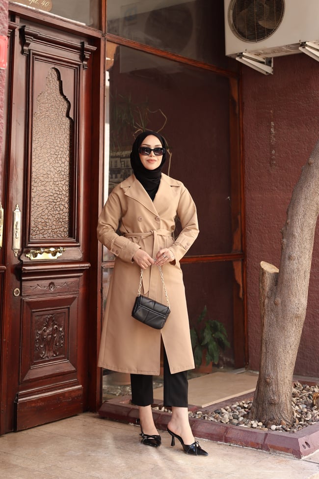 Kuşak Detaylı Kısa Trençkot | Açık Kahve