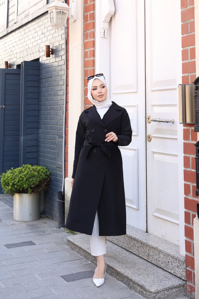 Kuşak Detaylı Kısa Trençkot | Siyah