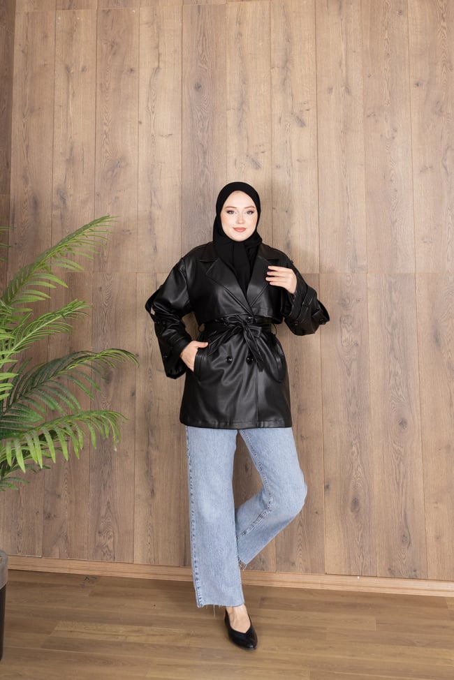 Kuşaklı Oversize Apoletli Deri Ceket | Siyah