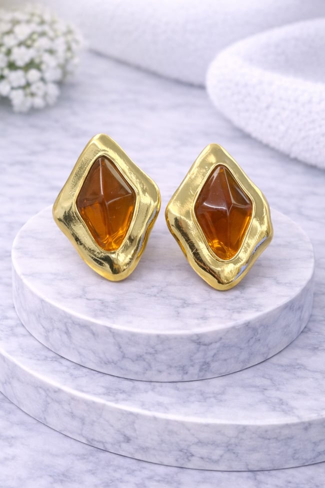 Amber Taş Detaylı Geometrik Gold Küpe