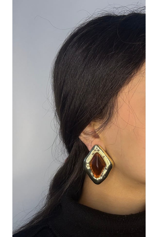 Amber Taş Detaylı Geometrik Gold Küpe