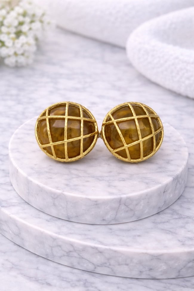 Amber Taşlı File Detay Gold Küpe