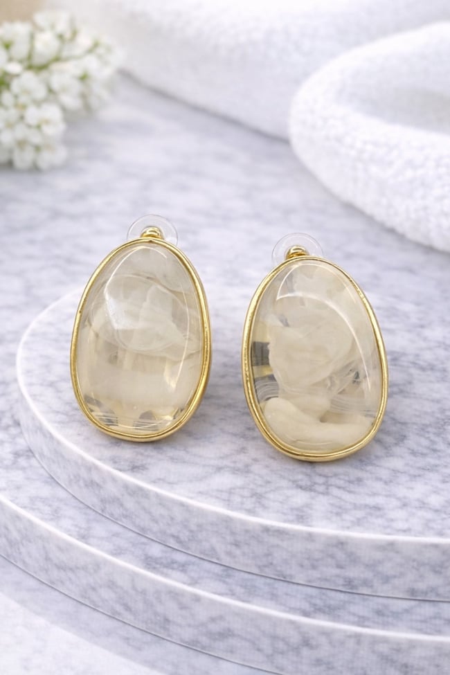 Bej Mermer Desenli Oval Gold Küpe