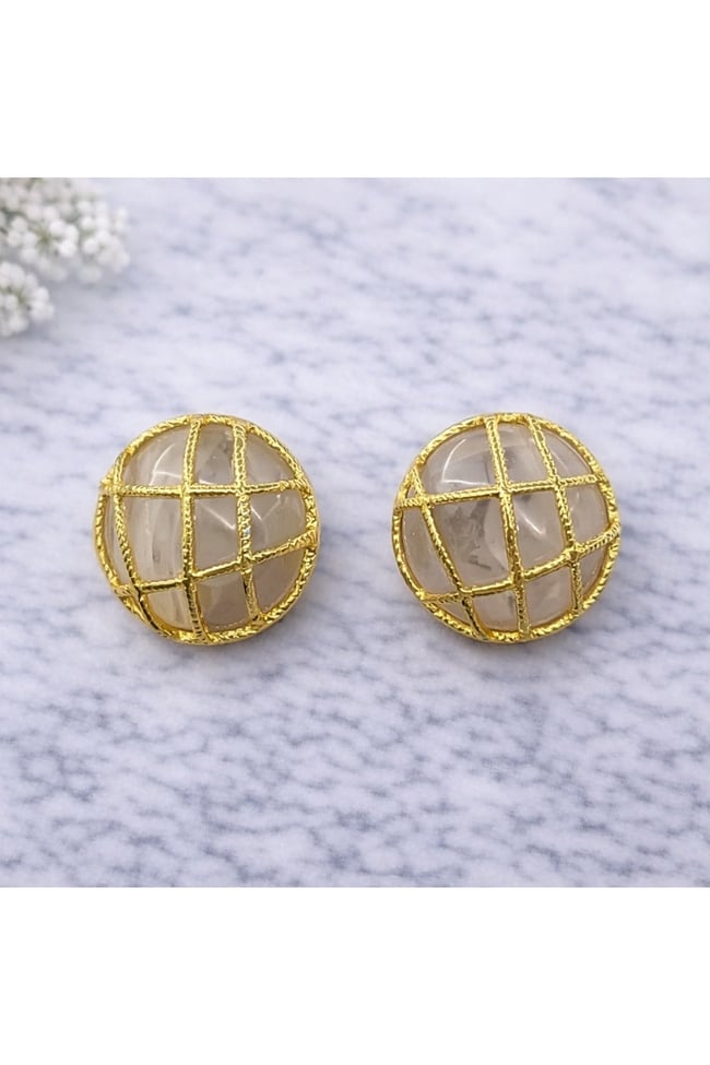 Bej Taşlı Gold Izgara Desenli Küpe