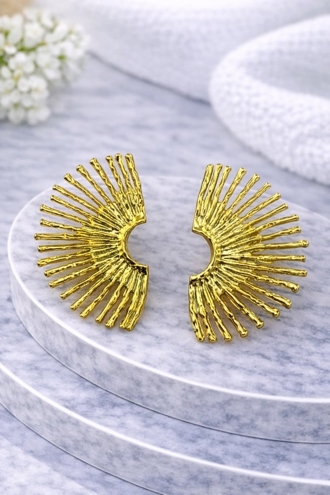 Gold Işıltılı Yelpaze Form Küpe