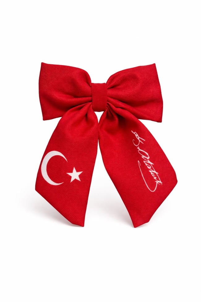 Kırmızı Atatürk İmzalı Türk Bayraklı Fiyonk Saç Tokası
