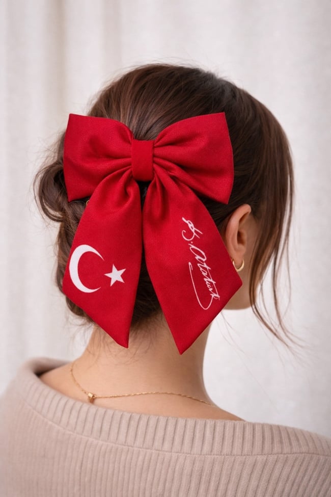 Kırmızı Atatürk İmzalı Türk Bayraklı Fiyonk Saç Tokası