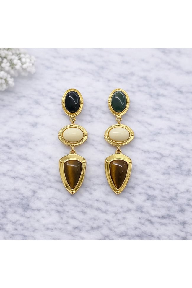 Renkli Taş Detaylı Vintage Sallantılı Gold Küpe