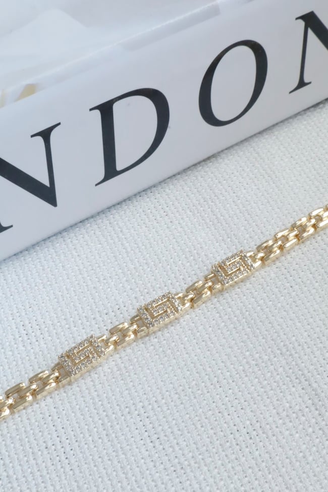 Kadın Bileklik Kararmaz 14k Altın Renk Vip Seri İthal Zirkon Taş Antik Desen Bileklik