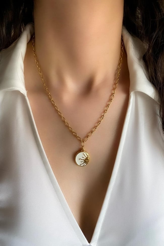 Kadın Çelik Kolye Beyaz Plaka Yarım Güneş Model Kolye