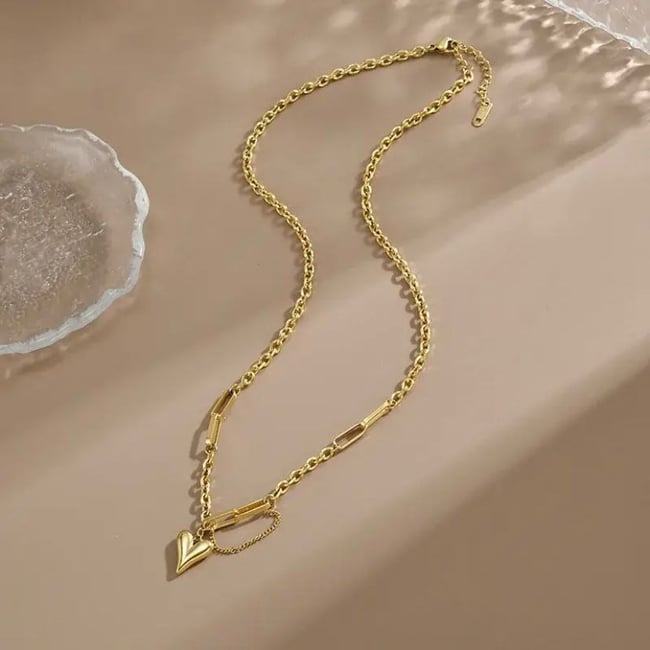Kadın Çelik Kolye Romantik Kalp Sallantı Zincir Detay Kolye