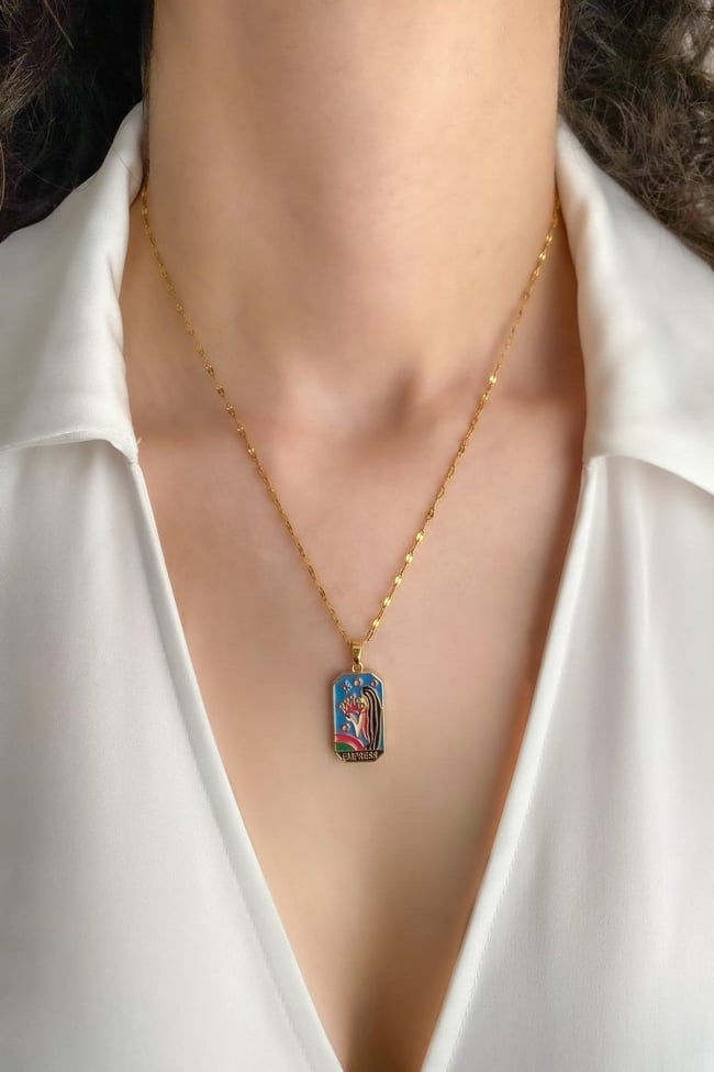 Kadın Çelik Kolye Tarot Seri Yıldız Zincir Renkli Empress Kolye 