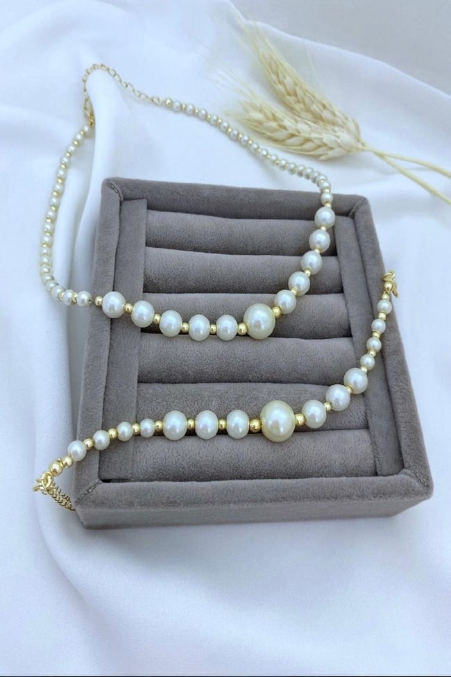 Kadın Kolye - Bileklik Set Sıralı Top İnci Set 