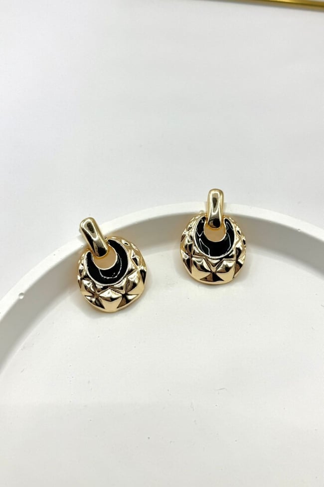 Kadın Küpe 3 cm Geometrik Desen Siyah Mineli Hilal Model Küpe