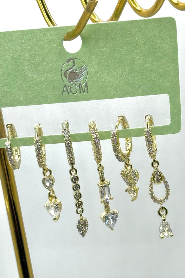 Kadın Küpe İthal Full Zirkon Seri 6'lı Damla Kalp Uzun Sallantı Kararmaz Küpe
