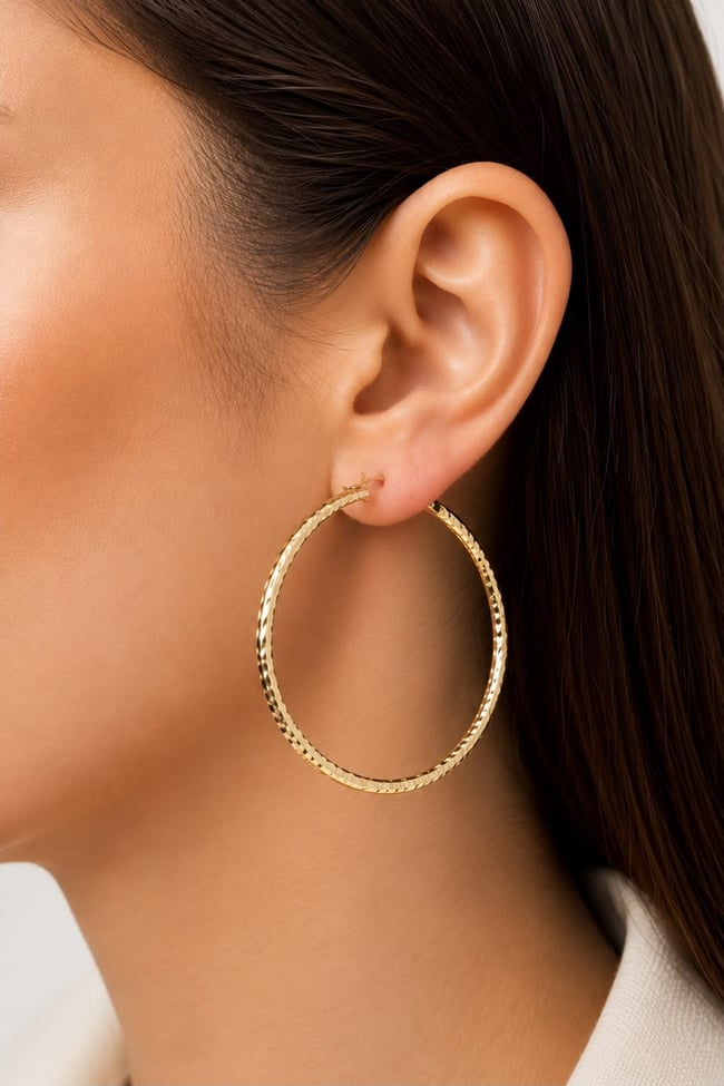Kadın Küpe Kararmaz 14k Renk Vip Seri Dokulu Büyük Halka 6cm Küpe