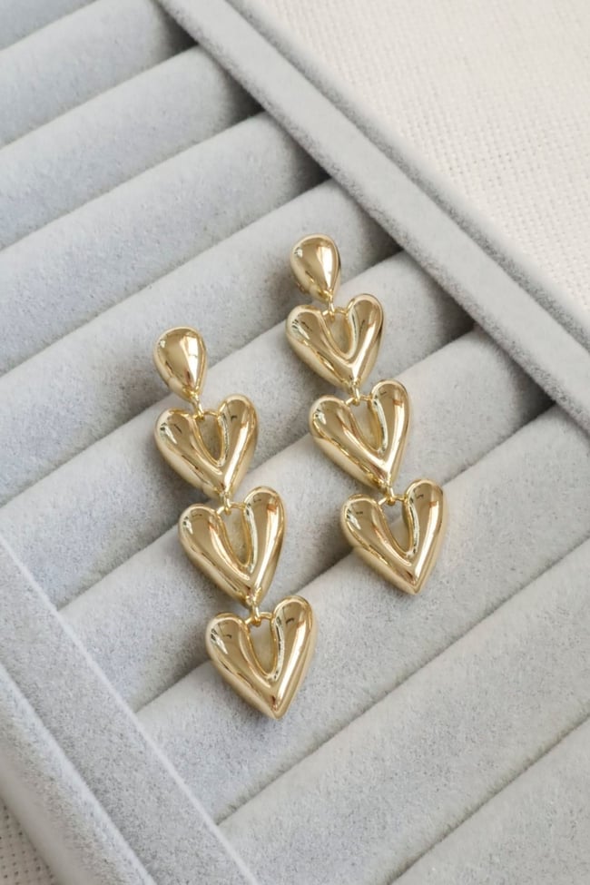 Kadın Küpe Kararmaz 14k Renk Vip Seri Üç Kalp Sallantı 6 cm Küpe