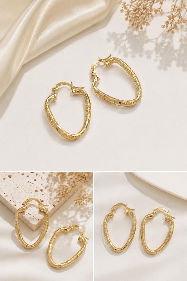 Kadın Küpe Kararmaz 14k Renk Vip Seri Dokulu Oval Modern Form 3cm Halka Küpe