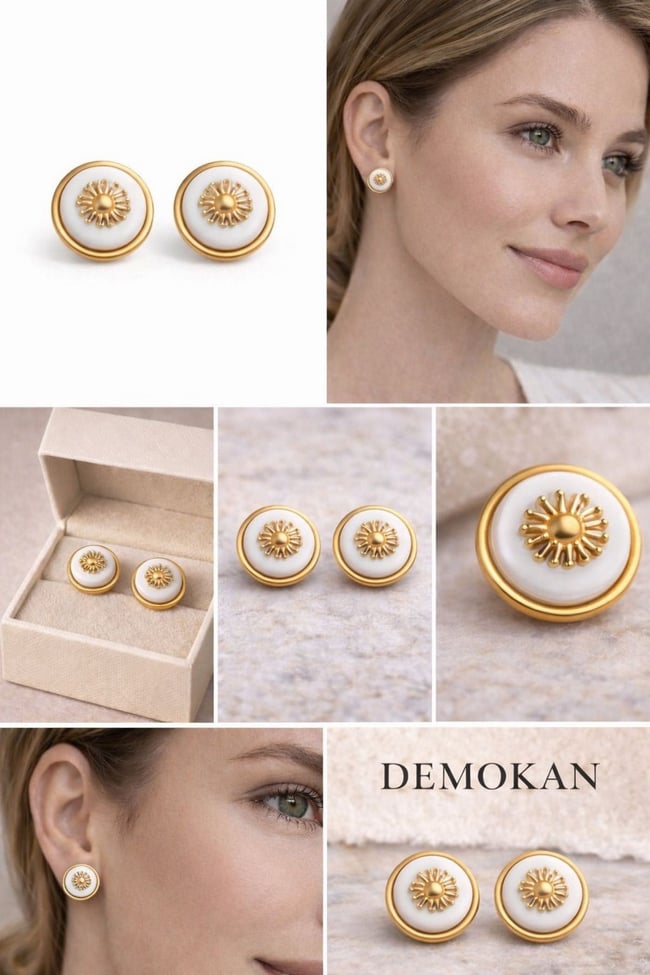 Kadın Küpe Vintage Düğme Model Gold Sun Küpe