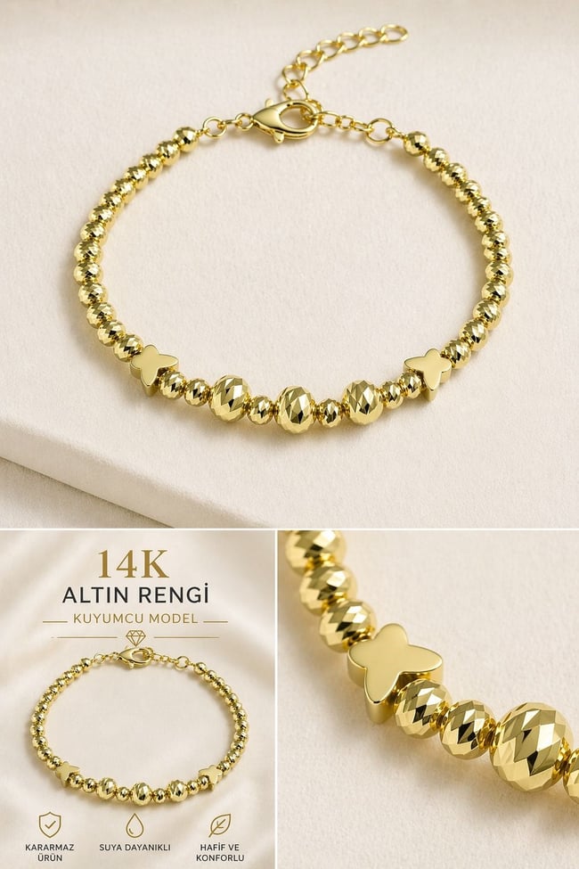 Kadın Trend 14K Gold Dorika Işıltısı Kelebek Detay Bileklik