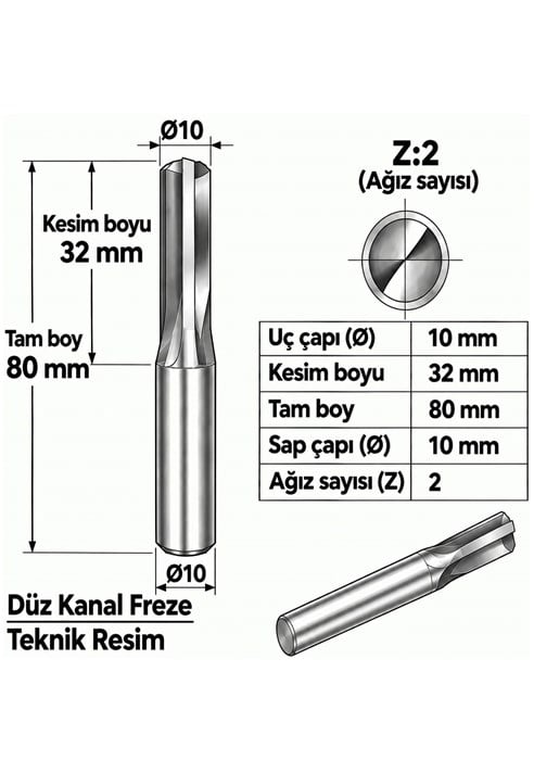 DÜZ KANAL Z: 2 ELMAS KARBÜR FREZE