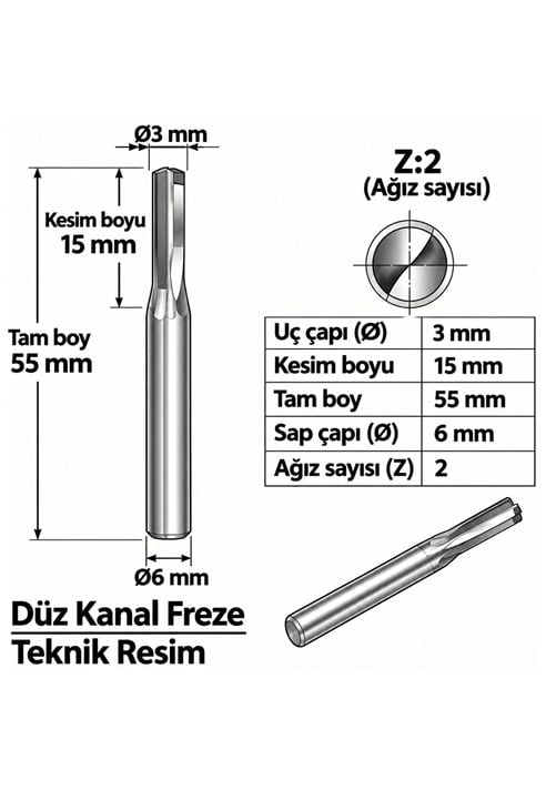 DÜZ KANAL Z: 2 ELMAS KARBÜR FREZE