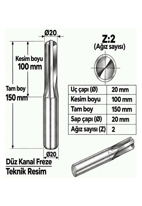 DÜZ KANAL Z: 2 ELMAS KARBÜR FREZE
